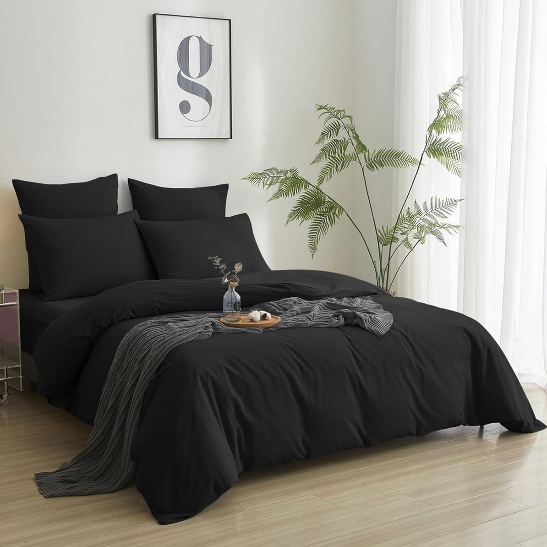 Luowei Bettwäsche 155x220 3teilig Schwarz Uni Einfarbig 110g/m² weich Mikrofaser 1 Bettbezug und 2er