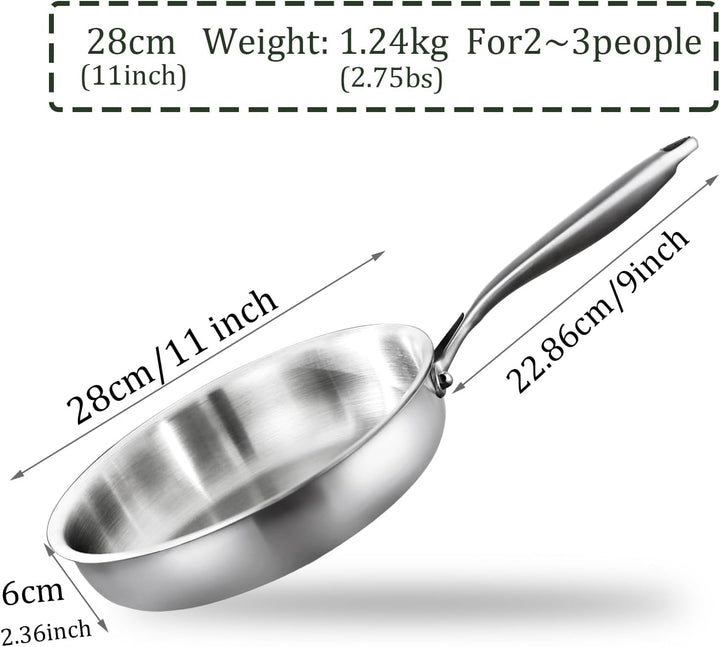 Edelstahl Pfanne, Bratpfanne (28 cm/11 Zoll), 3-Schicht Komplett Ungiftig, 100% Schadstofffrei, Schn