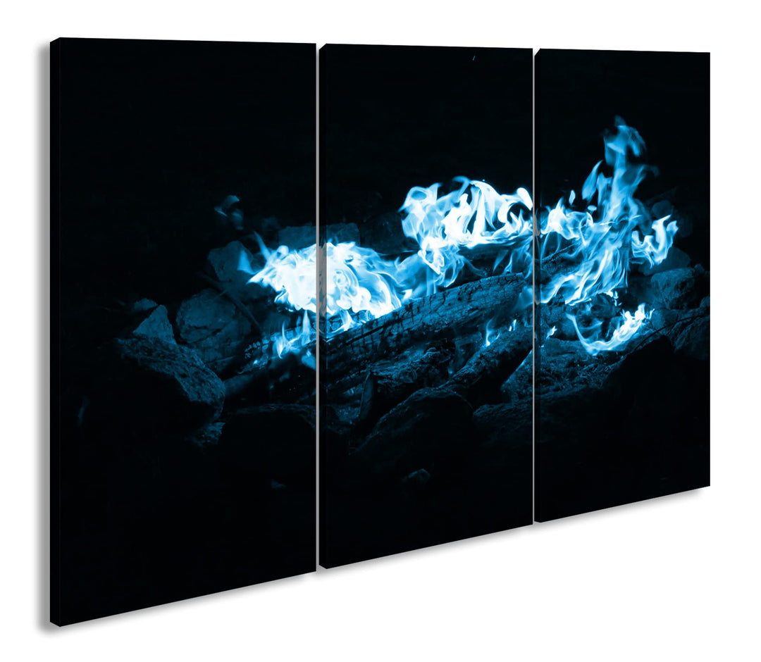 deyoli Dark heisses Lagerfeuer bei Nacht Format 120x80 3Teilig Effekt: Monocrome Blau als Leinwandbi