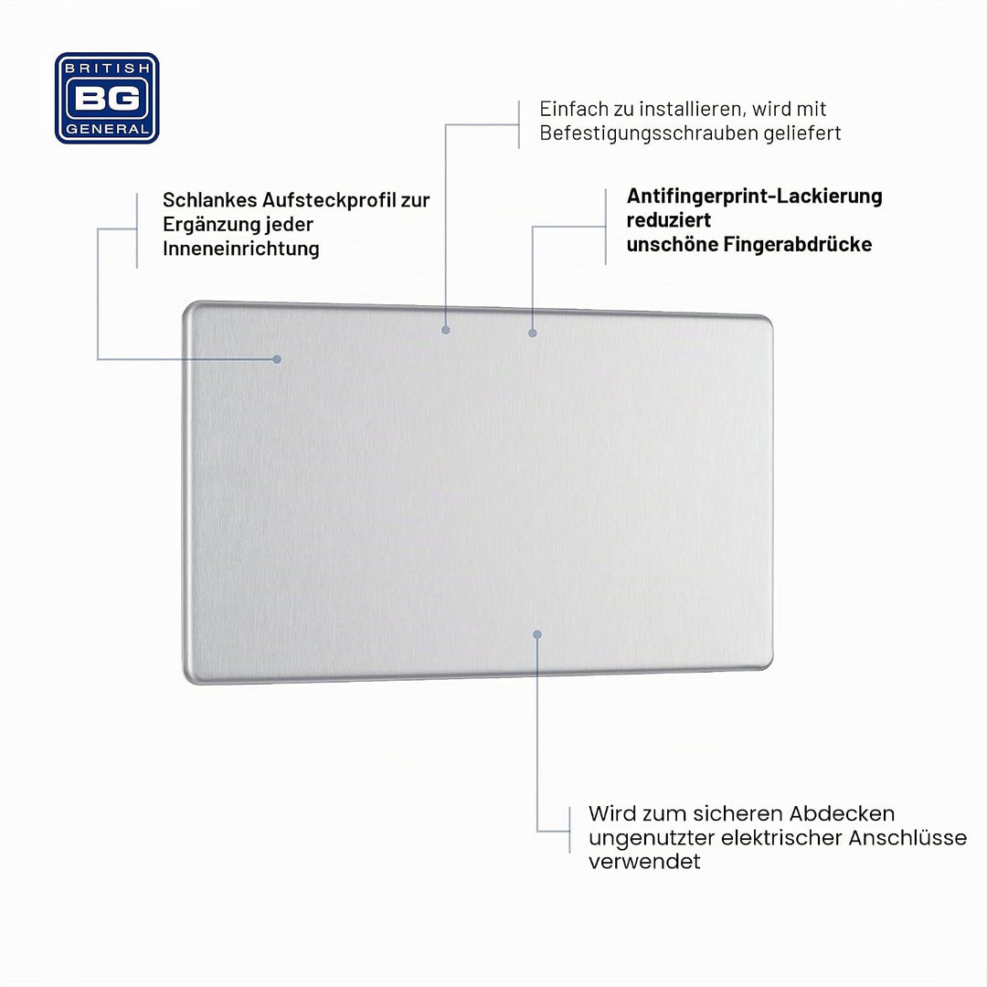 BG Electrical Doppelte, schraubenlose Blindplatte Doppelte Blindplatte Gebürsteter Stahl, Doppelte B