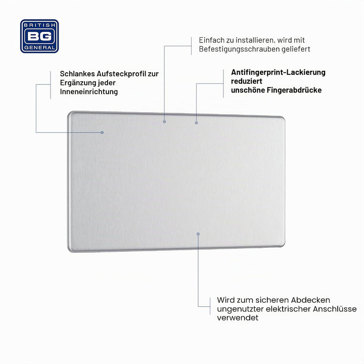 BG Electrical Doppelte, schraubenlose Blindplatte Doppelte Blindplatte Gebürsteter Stahl, Doppelte B