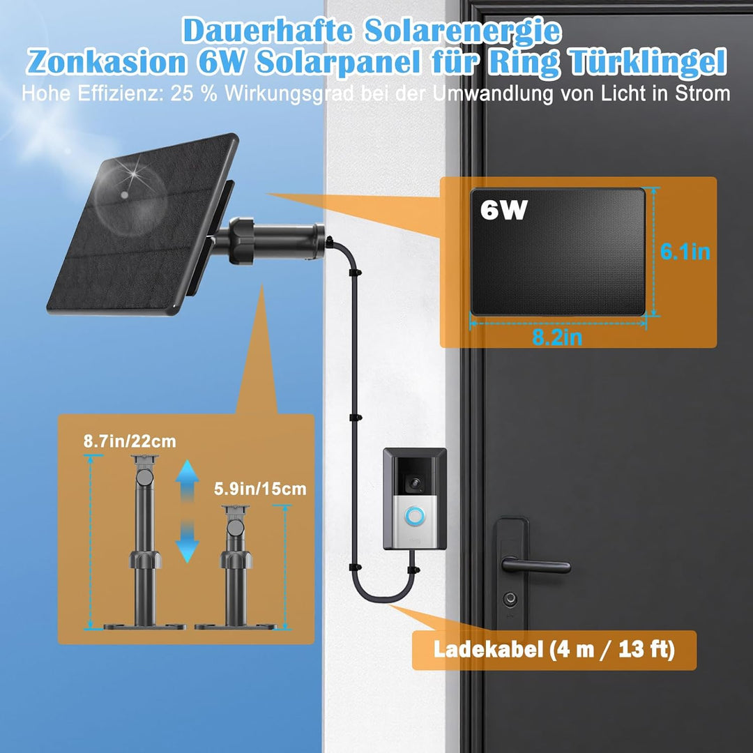 6W Solarladegerät für batteriebetriebene Ring-Türklingeln, 4m Ladekabel, Micro-USB & Type C & Gabel-