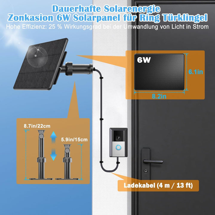 6W Solarladegerät für batteriebetriebene Ring-Türklingeln, 4m Ladekabel, Micro-USB & Type C & Gabel-