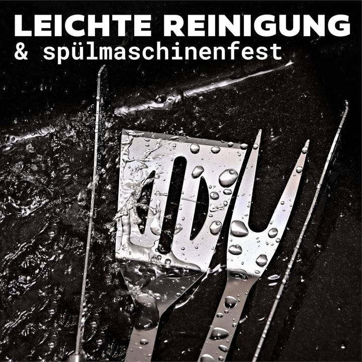 Praknu 𝗘𝘀𝘀𝗲𝗻𝘁𝗶𝗲𝗹𝗹𝗲𝘀 Grillbesteck Set aus Edelstahl - Hitzebeständig &amp; Rostfrei inkl. praktischer Tra