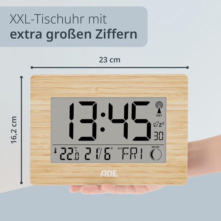 ADE Grosse Funkuhr digital mit XXL-Ziffern | Tischuhr mit Kalender und Wochentag | Digitale Uhr mit
