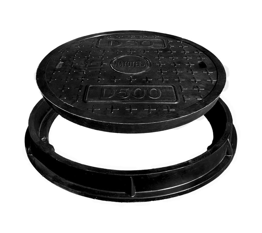 GFK-Schachtabdeckung Rund DN 450 (Lichte Weite 450 mm) – Deckel Ø500 mm, Rahmen Ø570 mm – B125 befah