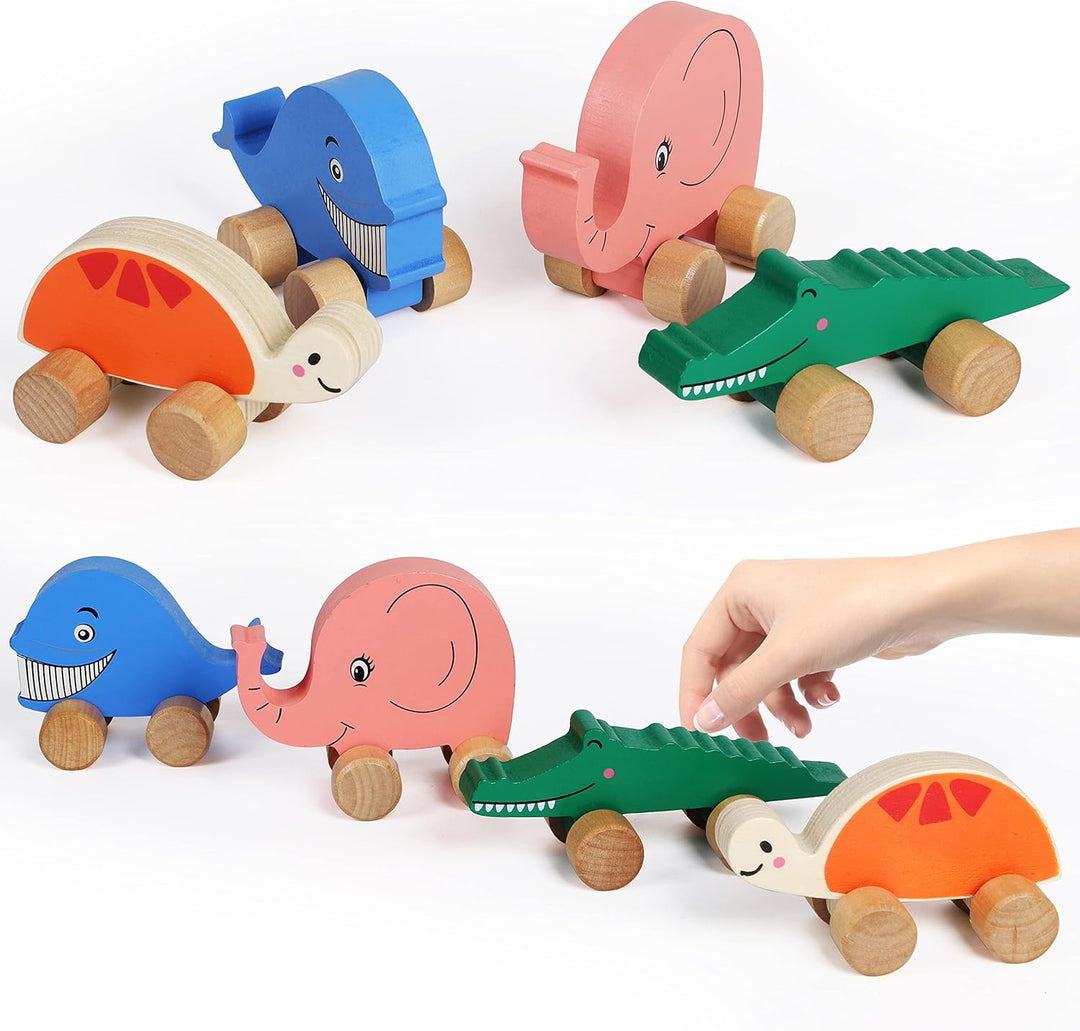 TOWO Holzautos für Kleinkinder – Tiere auf Rädern – Fahrzeuge, sensorisches Greifmotorik-Spielzeug –