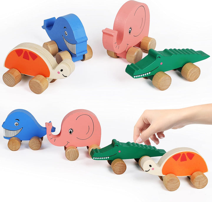 TOWO Holzautos für Kleinkinder – Tiere auf Rädern – Fahrzeuge, sensorisches Greifmotorik-Spielzeug –