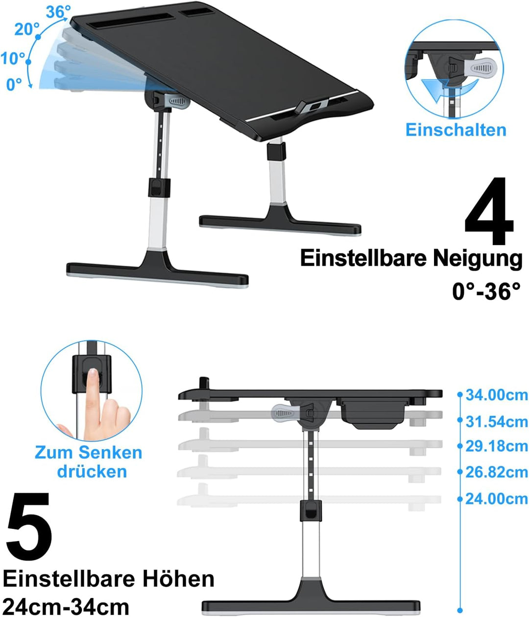 Betttisch, Potuopy Leder einstellbare Höhe Winkel Laptop Tisch für Bett, X-Grosse Faltbare Laptoptis