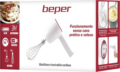 BEPER P102SBA007 Kabellose wiederaufladbare Handmixer,20W,2 Edelstahl-Schwingbesen, 5 Geschwindigkei