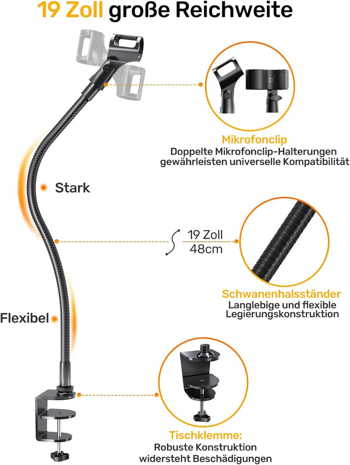 19-inch Gooseneck Microphone Stand Desk Clip,19-Zoll-Gänsehals-Mikrofonsockel Schreibtischklammer, U