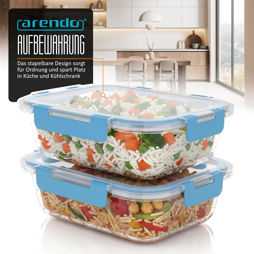 Arendo - Lunchboxen Glas - Frischhaltedosen für Lebensmittel mit Deckel luftdicht - 2er Set - 1520 m