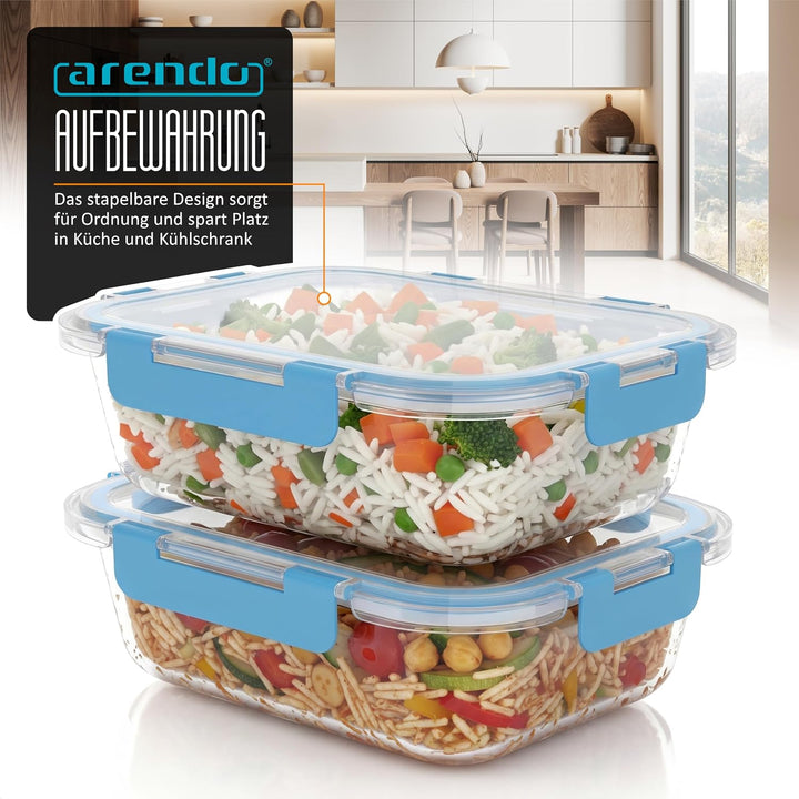 Arendo - Lunchboxen Glas - Frischhaltedosen für Lebensmittel mit Deckel luftdicht - 2er Set - 1520 m
