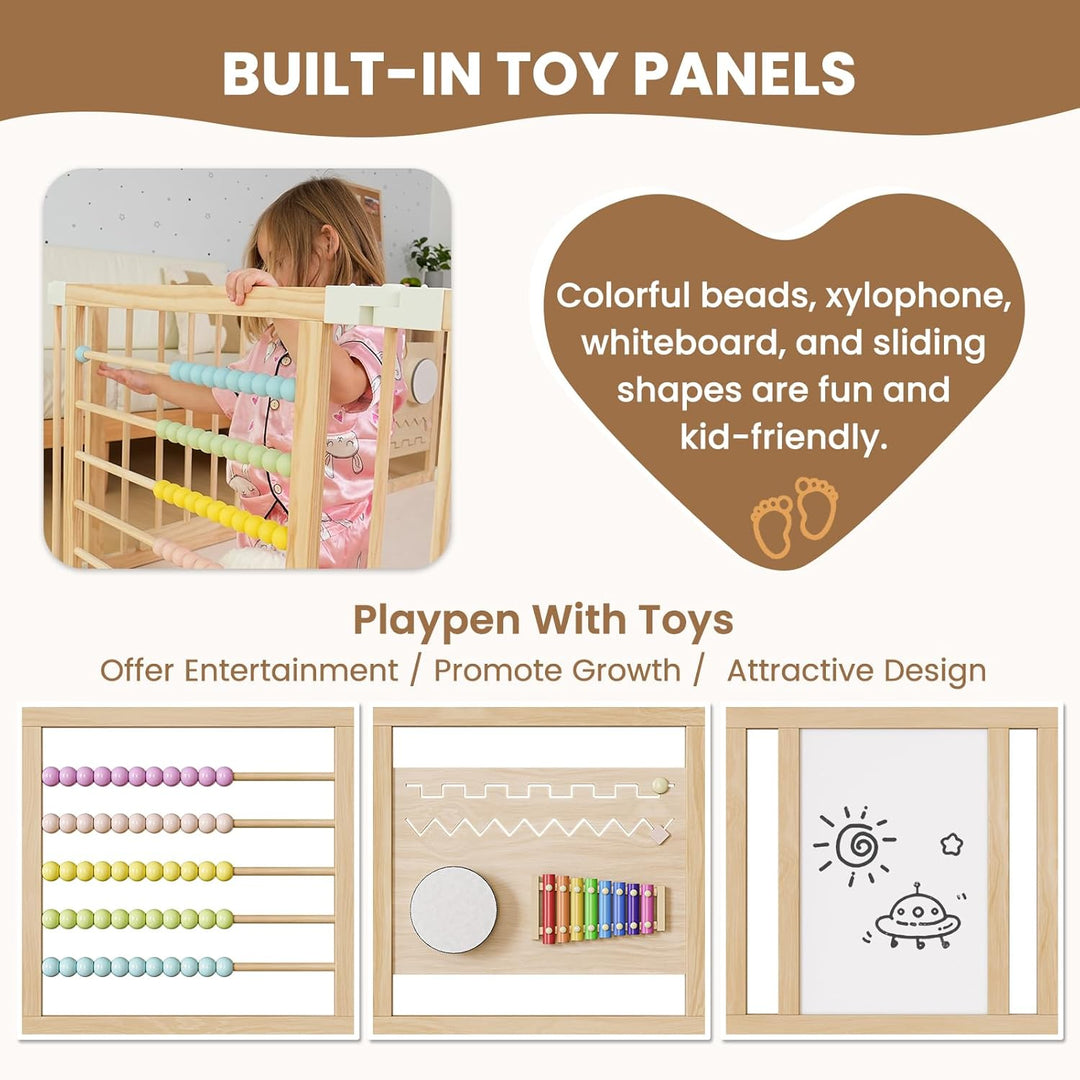 Laufstall Baby Holz mit Spielcenter – 160x80x61cm Verstellbare Grösse &amp; Form Laufgitter, Faltbarer L