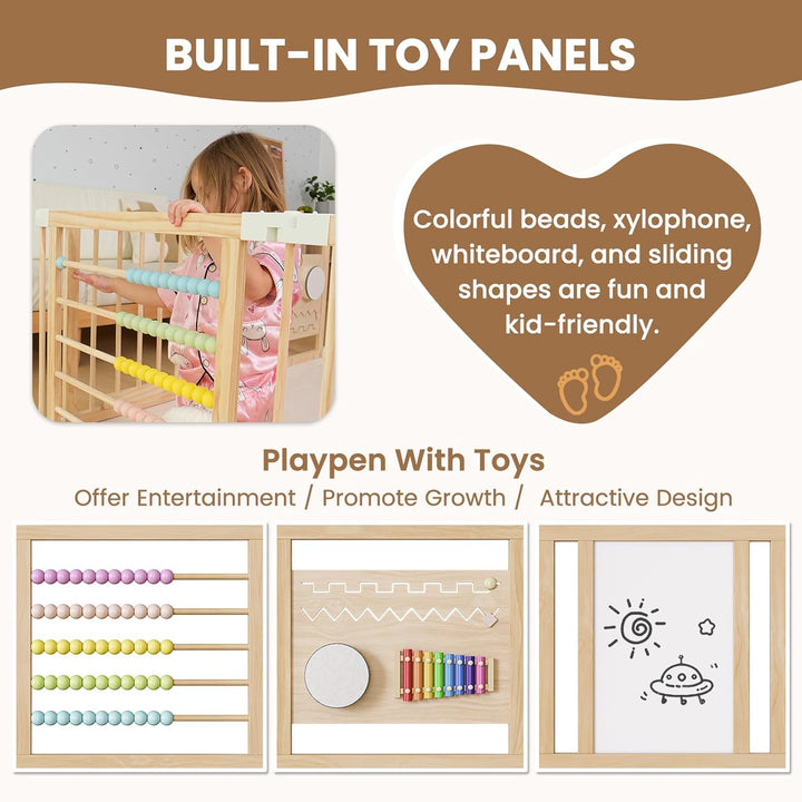 Laufstall Baby Holz mit Spielcenter – 160x80x61cm Verstellbare Grösse &amp; Form Laufgitter, Faltbarer L