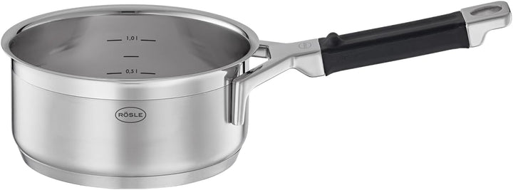 RÖSLE SILENCE PRO Stielkasserolle, Hochwertiger Universaltopf aus Edelstahl 18/10, 16 cm, Silikongri