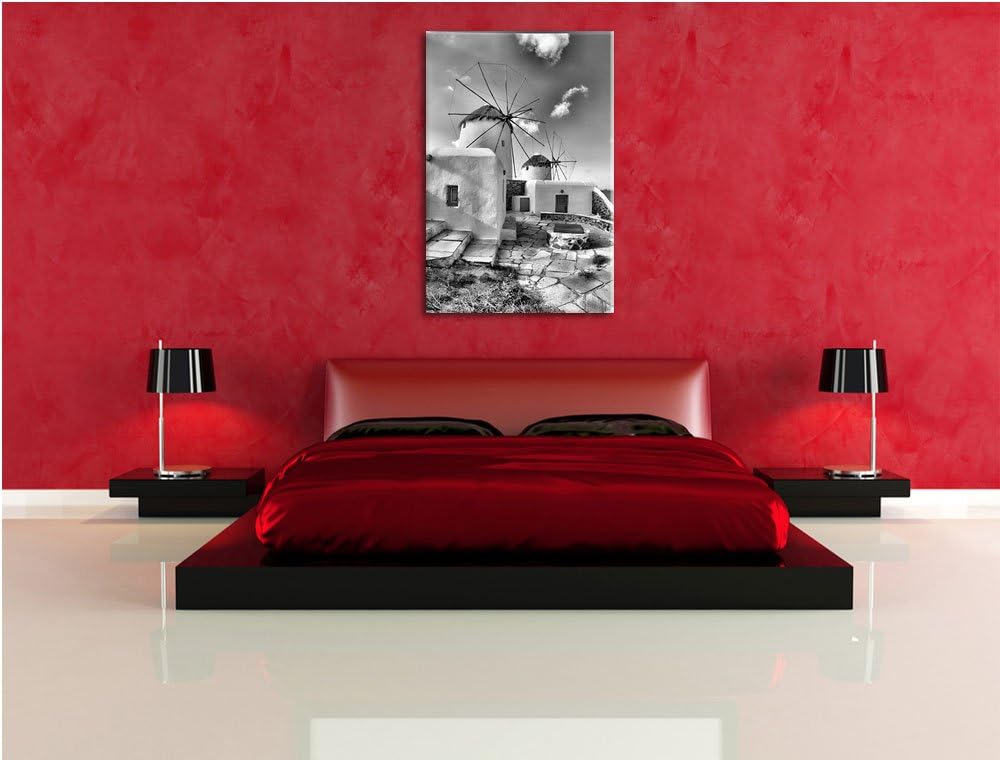 Pixxprint Windmühlen am Mittelmeer als Leinwandbild | Grösse: 100x70 cm | Wandbild | Kunstdruck | fe