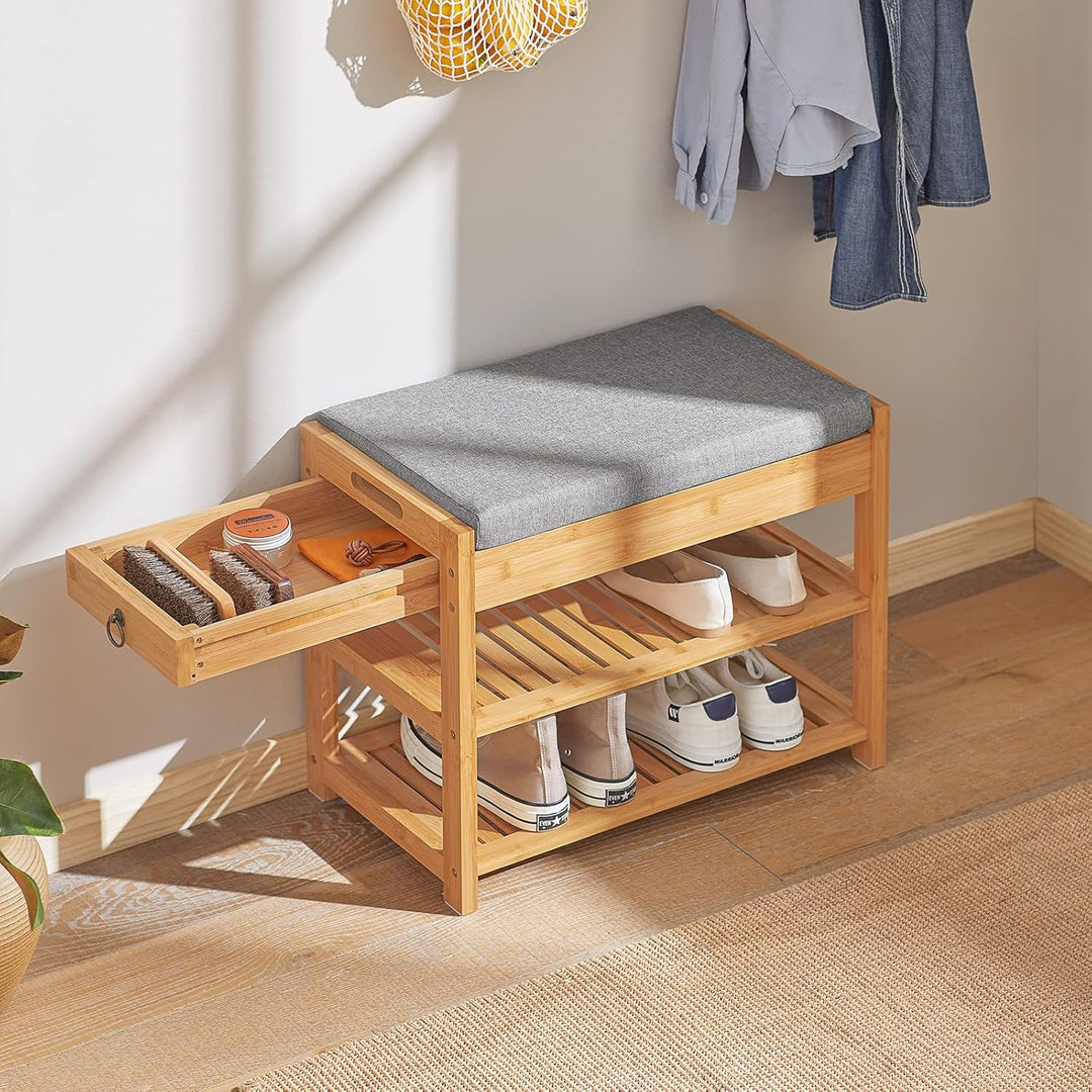 SoBuy FSR49-N Schuhbank mit Sitzkissen und Schublade Sitzbank Schuhregal Bambus BHT ca.: 55x46x30cm
