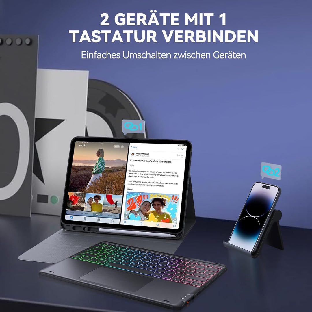 Earto iPad Pro 12.9 Tastatur 2022, DIY 3-Zone Beleuchtung mit 7 Farben, Hülle mit Tastatur mit Touch