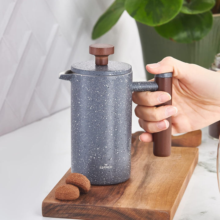 KARACA Doppelwandige Marmor French Press mit Kastaniengriff – Isolierte Kaffee French Press – Kaffee