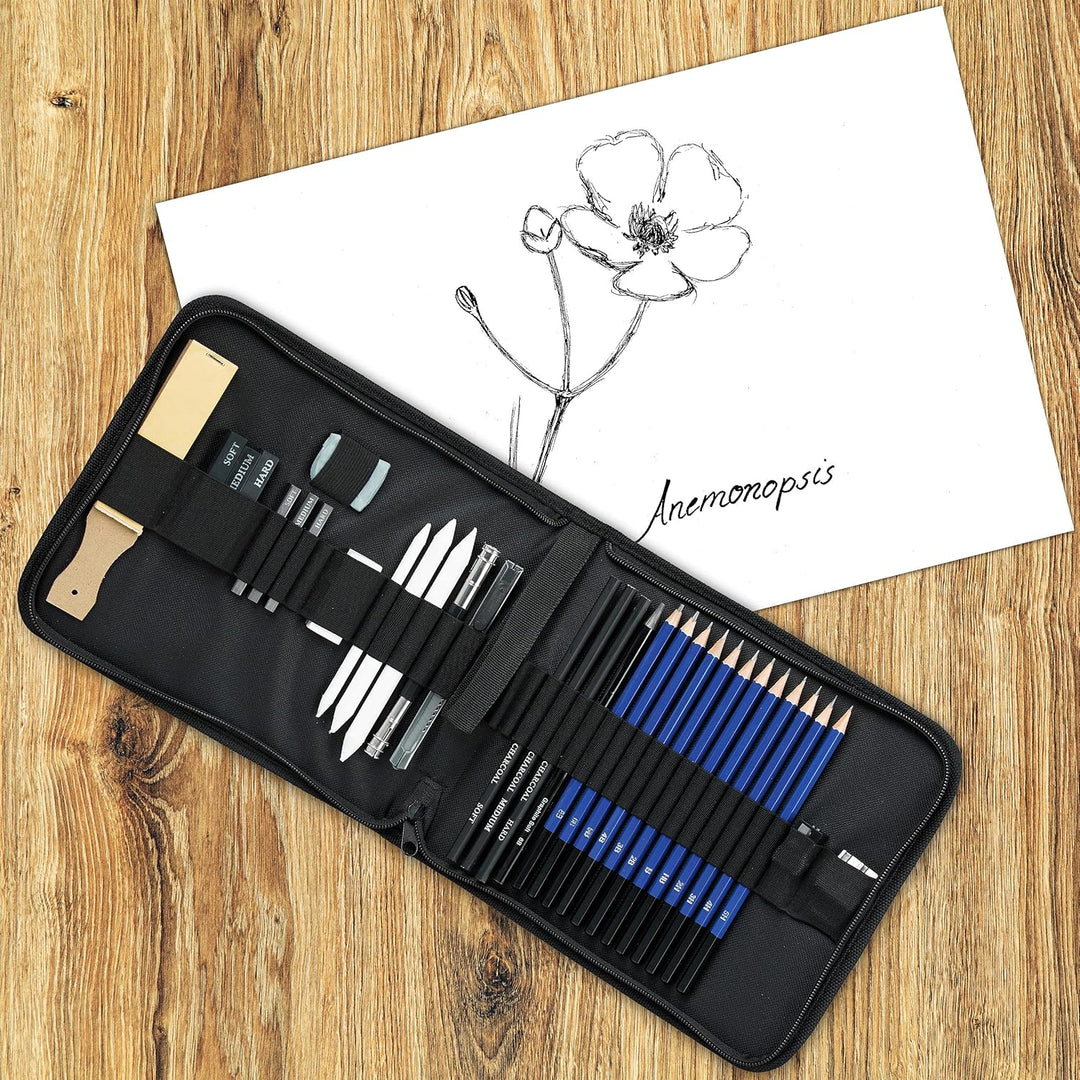 Relaxdays Zeichenset Bleistift 33-teilig, 12 Härtegrade, Kohlestifte, Graphitstifte, Radiergummis, S