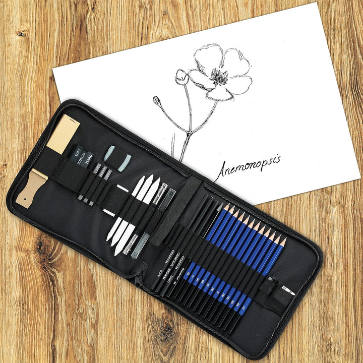 Relaxdays Zeichenset Bleistift 33-teilig, 12 Härtegrade, Kohlestifte, Graphitstifte, Radiergummis, S