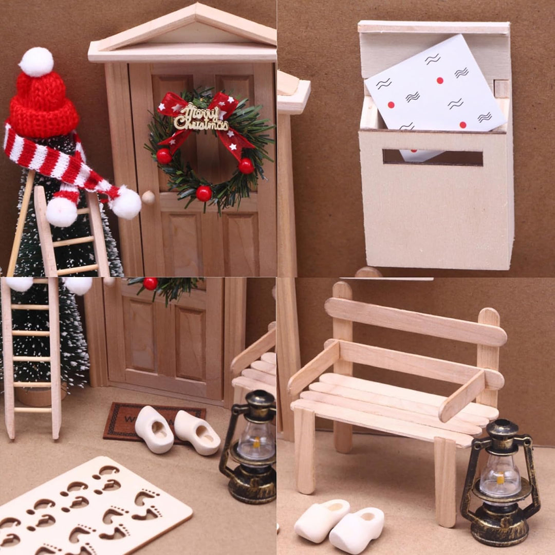 Nabeta Deco Wichteltür Zubehör Wichteltür Set Weihnachtsbaum Dekokranz Holzleiter Teppich Bank Hüte