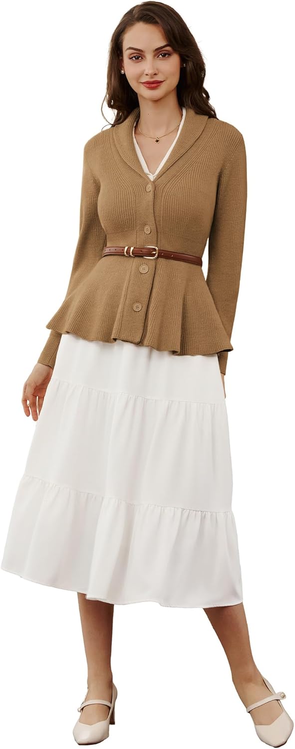 Belle Poque Damen Strickjacke Langarm Reverskragen Cardigan mit Rüschensaum Casual Strickmantel M Br