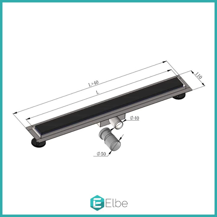 Elbe Duschrinne 100cm Extra Flach 304 Edelstahl Bodenablauf mit Schwarzer Glasabdeckung Komplettset