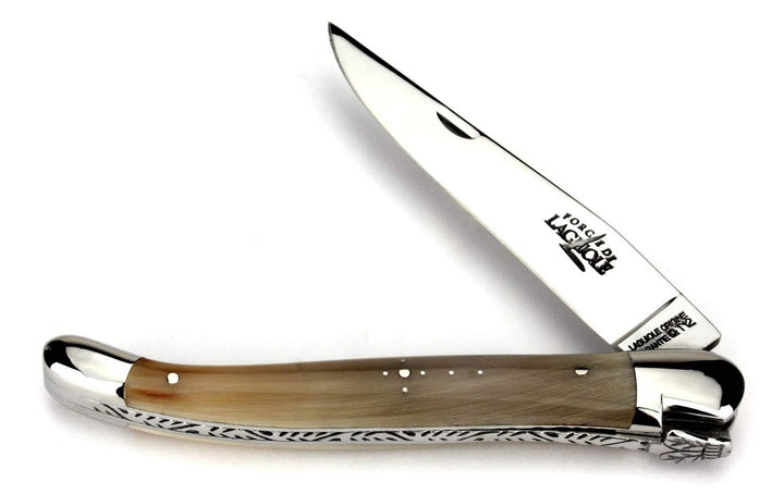 Forge de Laguiole Taschenmesser - 12 cm - Griff geflammte Hornspitze - Klinge 10 cm glänzend - Backe