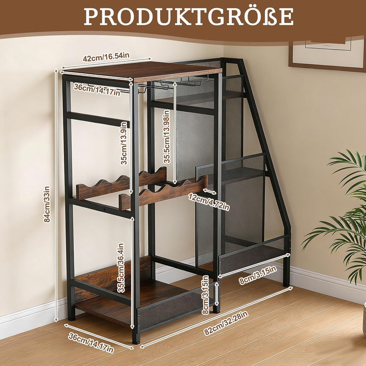 3-Tier Abgestufte Liquor Cabinet Mini Bar, Freistehendes Weinregal mit Geländer und Glashalter, Meta