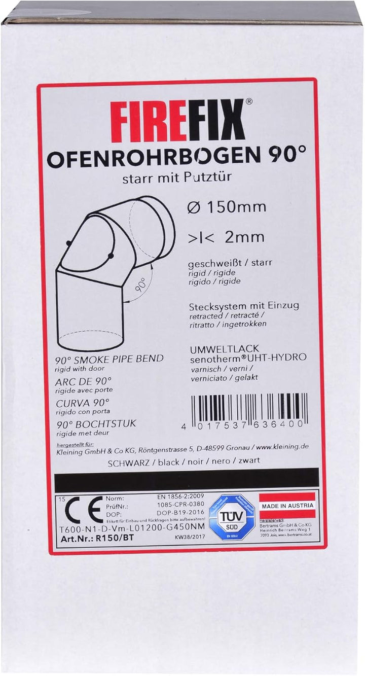 FIREFIX R150/BT Ofenrohrbogen aus 2 mm starken Stahl (Rauchrohr) in 150 mm Durchmesser, für Kaminöfe
