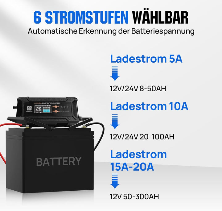 ECO-WORTHY 12V/24V 20A LiFePO4 Batterieladegerät mit Multi-Current Optionen 5A/10A/15A/20A,automatis