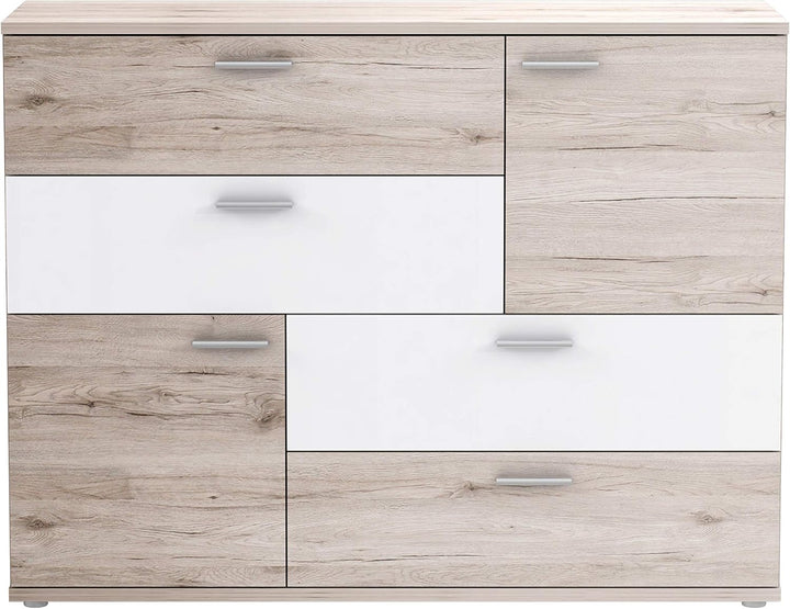 Forte Skive Kommode mit 2 Türen und 4 Schubkästen, Holzwerkstoff, Sandeiche/Weiss, 124.9 x 41.3 x 95