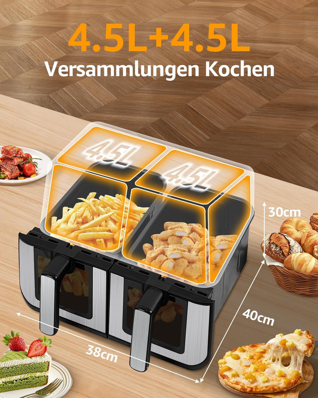 9L XXL Doppelkammer Heissluftfritteuse mit 2 Körben, 8 Programmen & Smart Finish – Dual Zone Airfrye