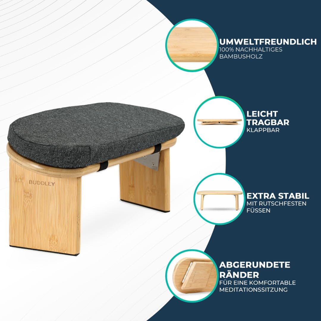 BUDDLEY Meditationsbank klappbar, Yogahocker mit Kissen, Meditationsbank, Meditationsstuhl faltbar,