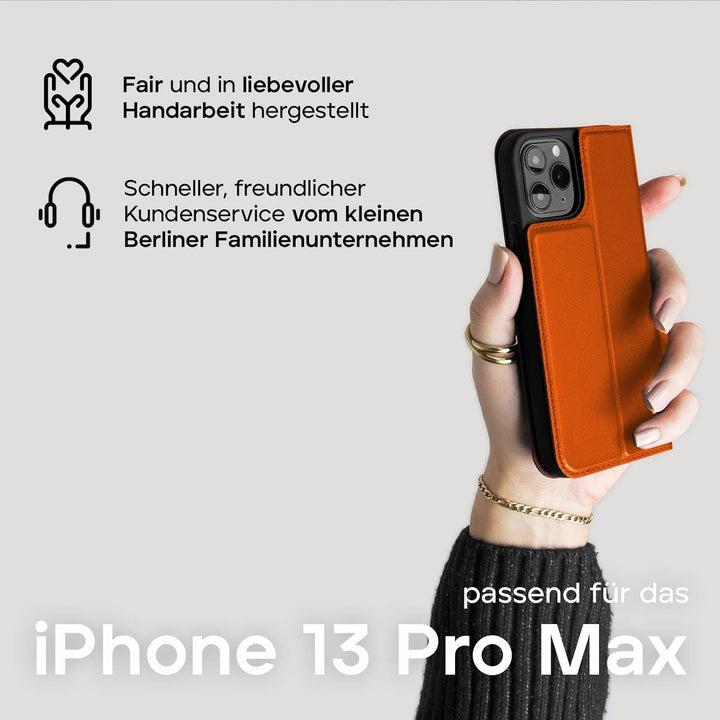 WIIUKA Hülle für iPhone 13 Pro Max, Deutsches Premium Leder, mit Kartenfach, extra Dünn, Handyhülle