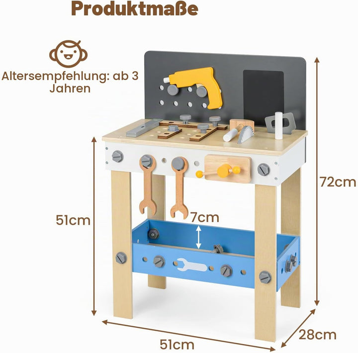 HOMASIS Werkzeugbank Kinder, Werkbank Spielwerkbank Holz, Werkstatt mit 50 TLG. Zubehör &amp; Tafel &amp; Ar