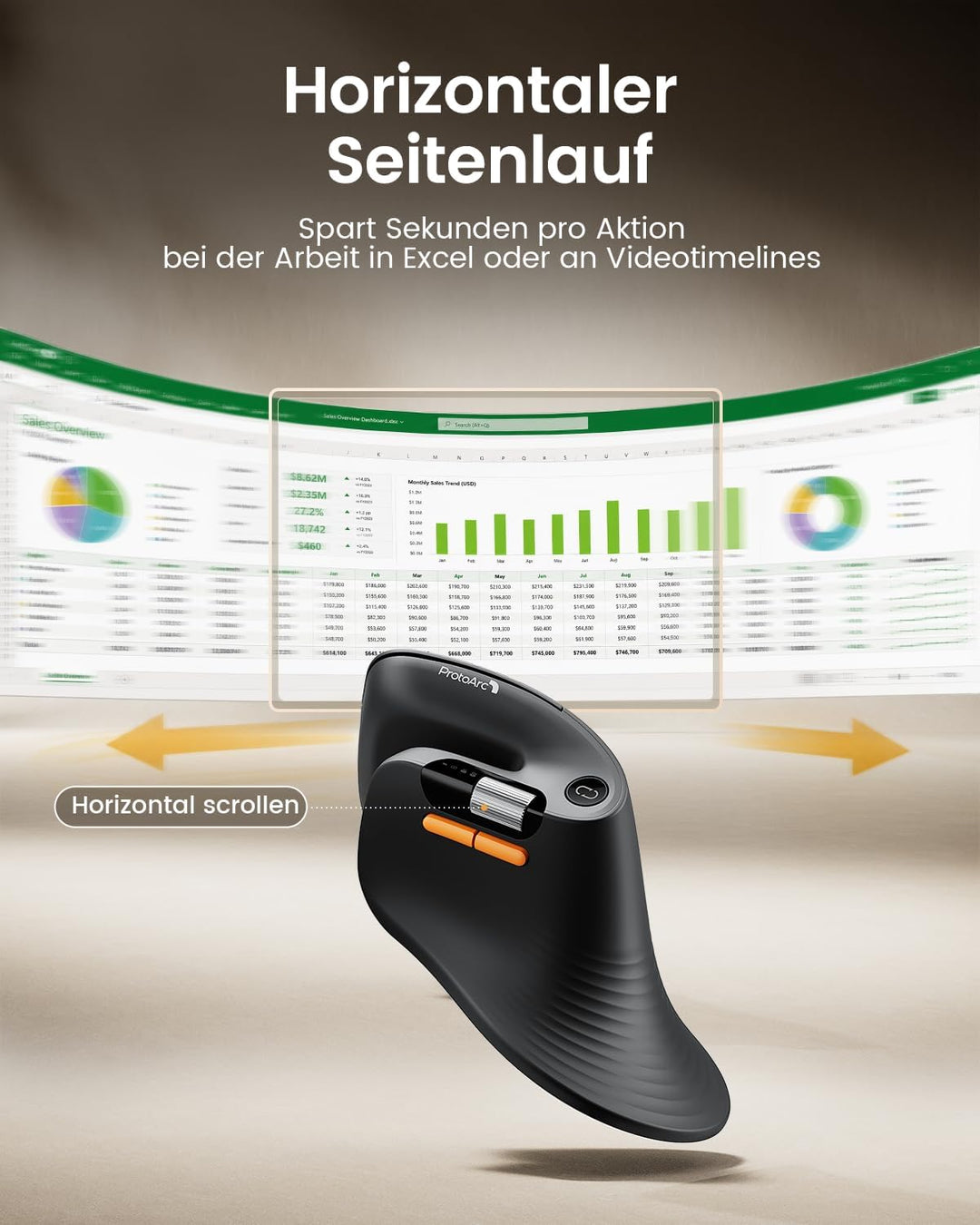 ProtoArc EM11 Pro Ergonomische Vertikale Maus mit Seitenscroll, Anpassbare Tasten, 2*Bluetooth + 2,4