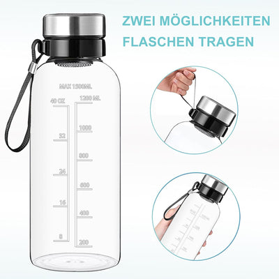 RNCKUUE 1.5 Liter Glasflasche, 1.5l Glas Trinkflasche, Wasserflasche Glas mit Sieb, Neoprenhülle, Fl