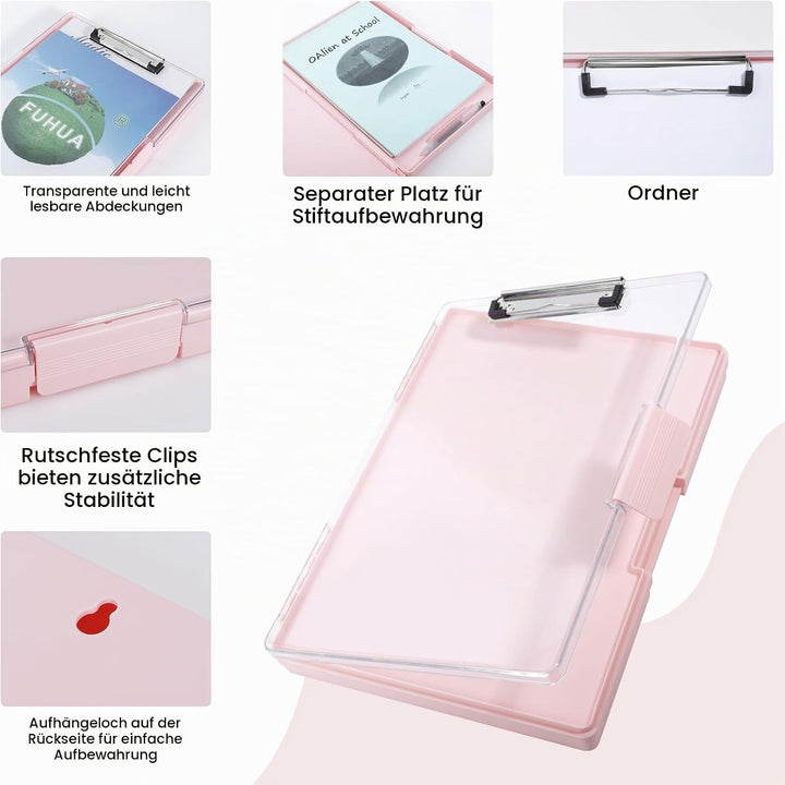 FRETONBA Klemmbrett a4 mit Aufbewahrungsfach, Rosa Kunststoff-Klemmbrett, Leichtes Zwischenablage, T