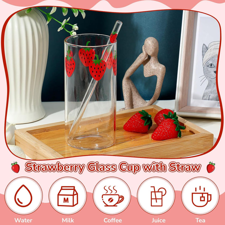 Tessco Erdbeerbecher mit Strohhalm, Glasbecher mit Strohhalm, transparent, Beerenmuster, Gläser, Fla