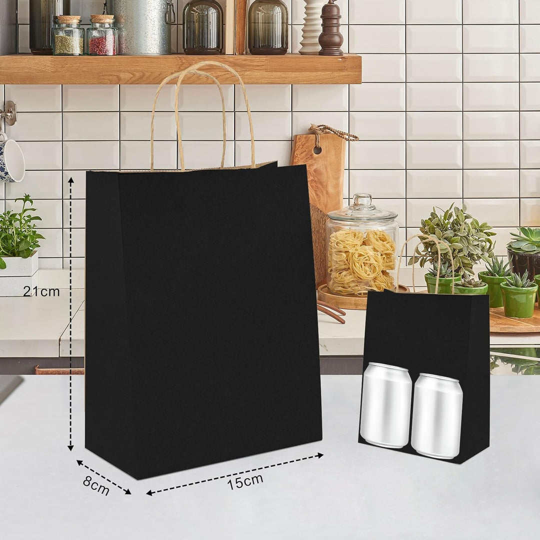 Gucass 50 Stück Klein Papiertüten mit Henkel, Schwarz Kraft Papiertaschen Geschenktüten, 15x8x21cm P