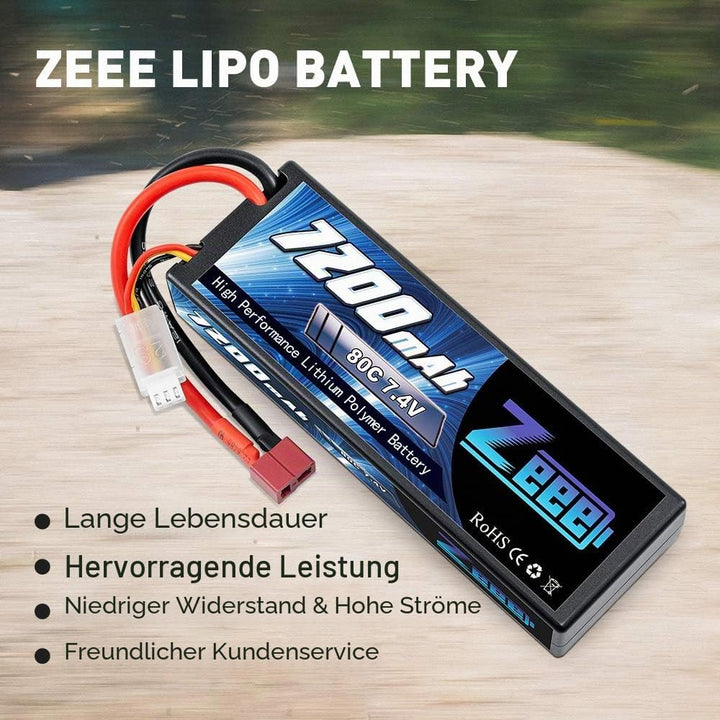 Zeee 2S Lipo Akku 7,4V 80C 7200mAh Hardcase Batterie mit T Stecker für RC Car RC Truck RC Auto Boot