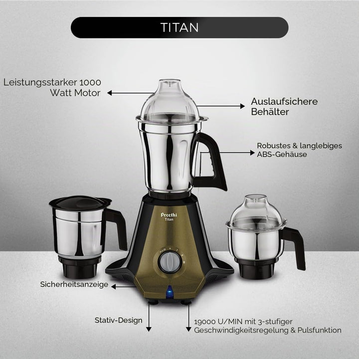 Preethi Titan-Mahlwerk für die Küche, 3 Gläser, 1000 W, Mixie, Schwarz (MG-283)