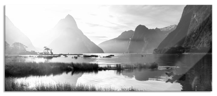 Glasbild Panorama | Wandbild aus Echtglas | Milford Sound Neuseeland | 100x40 cm | inkl. Aufhängung