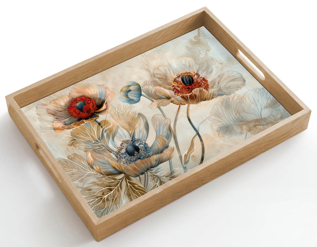Serviertablett Servierplatte Eiche Holz Tablett Mit Henkel Tray Blumen - Beige 50 x 35 x 5 cm, Blume