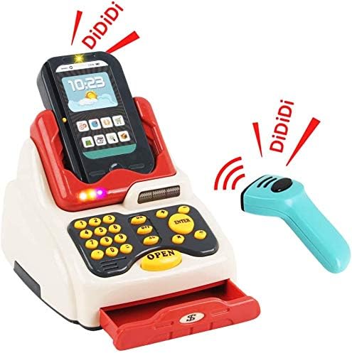 deAO Supermarkt mit Einkaufswagen, Kasse, Kaufladen Zubehör, Kaufladen Kasse mit Scanner und Sound,