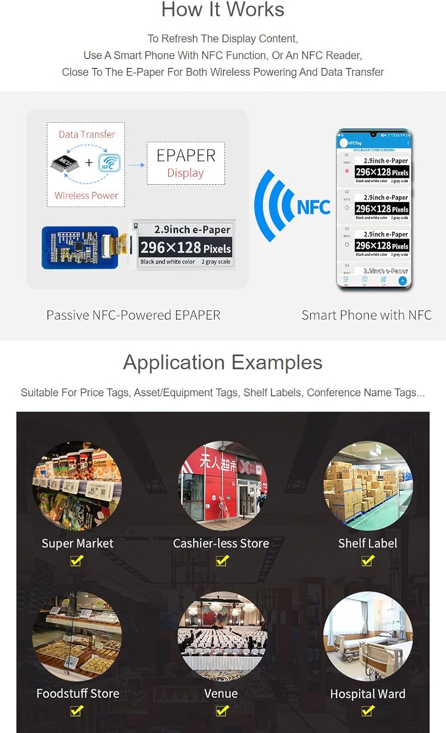 Waveshare 2.9inch Passive NFC-Powered e-Paper No Battery Required Wireless Powering and Data Transfe