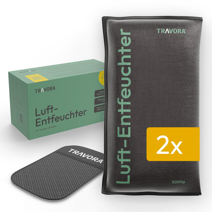 TRAVORA Luftentfeuchter Kissen 2x 1 kg mit Anti-Rutsch Pad - Entfeuchter - wiederverwendbar - Auto I